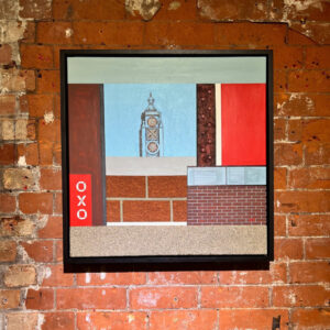abstract painting of oxo tower, London, on exposed brickwork